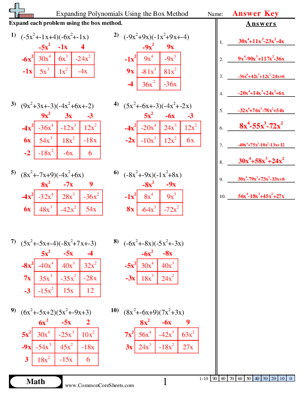  - Expanding Polynomials Using the Box Method worksheet